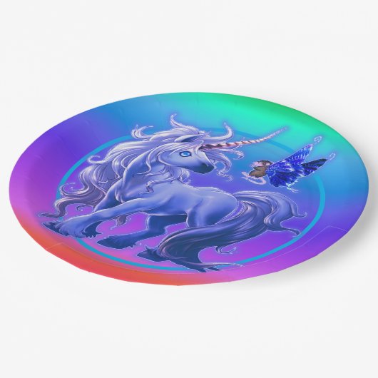 Bright Pastel Rainbow Blue Unicorn Pappteller (Schrägansicht)