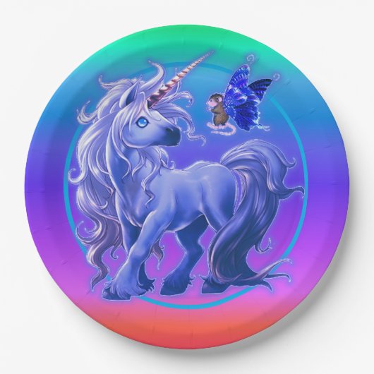 Bright Pastel Rainbow Blue Unicorn Pappteller (Vorderseite)