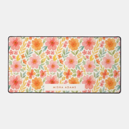 Bright Pattern Pink Orange Watercolor Floral  Schreibtischunterlage (Vorderseite)