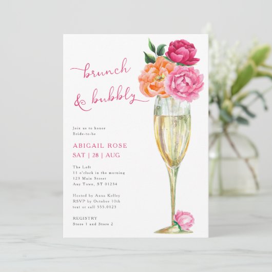 Bright Peony Brunch and Bubbly Bridal Shower Einladung (Stehend Vorderseite)
