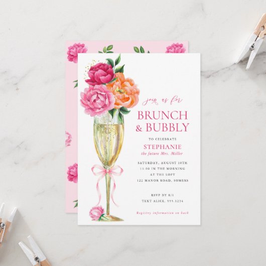 Bright Peony w/QR Code on Back, Brunch and Bubbly  Einladung (Vorderseite/Rückseite Beispiel)