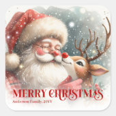 Bright Personalized Santa and Rudolph Holiday Gift Quadratischer Aufkleber (Vorderseite)