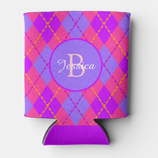 Bright Pink and Blue Argyle Pattern Monogram Dosenkühler (Vorderseite)