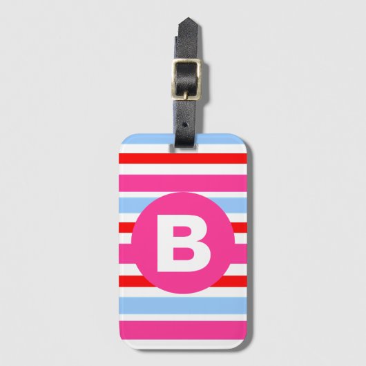 Bright Pink and Blue Candy Stripes Monogram Gepäckanhänger (Vorderseite Vertikal)