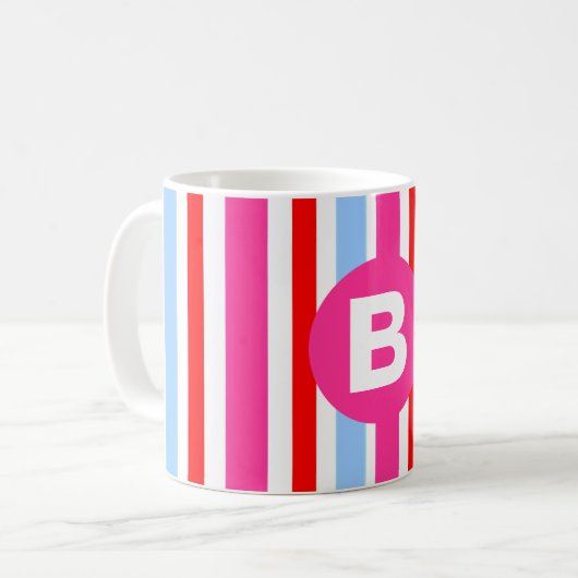 Bright Pink and Blue Candy Stripes Monogram Kaffeetasse (Vorderseite Links)