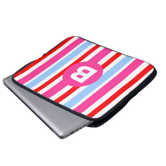 Bright Pink and Blue Candy Stripes Monogram Laptopschutzhülle (Vorne Knopf)