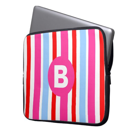 Bright Pink and Blue Candy Stripes Monogram Laptopschutzhülle (Vorderseite Links)