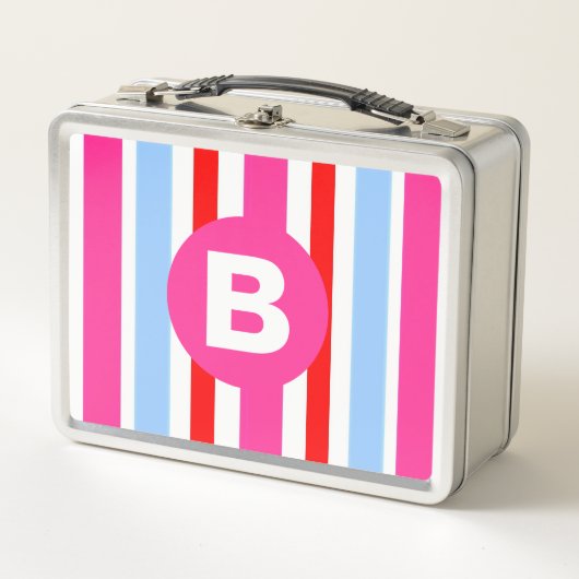 Bright Pink and Blue Candy Stripes Monogram Metall Brotdose (Vorderseite)