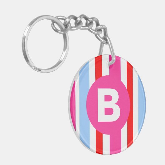 Bright Pink and Blue Candy Stripes Monogram Schlüsselanhänger (Vorderseite links)