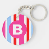 Bright Pink and Blue Candy Stripes Monogram Schlüsselanhänger (Rückseite)