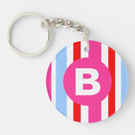 Bright Pink and Blue Candy Stripes Monogram Schlüsselanhänger (Vorderseite)