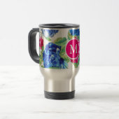 Bright Pink and Blue Floral Pretty Monogrammed Reisebecher (Vorderseite Links)