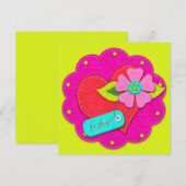 Bright Pink and Peridot Felt Style Heart Flower  Einladung (Vorne/Hinten)