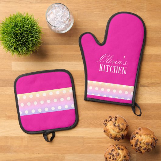 Bright Pink and Pola Dots Ofenhandschuh & Topflappen-Set (Oben Unten)