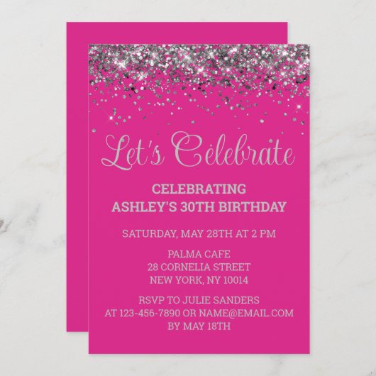 Bright Pink and Silver Glitter 30th Birthday Party Einladung (Vorne/Hinten)