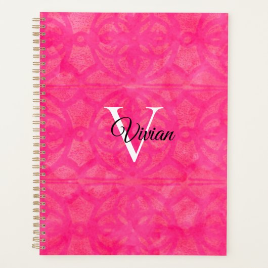 Bright Pink Batik Elegante Monogram Name Planner Planer (Vorderseite)