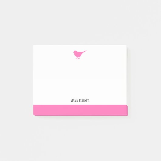 Bright Pink Bird & Border on White mit Name Post-it Klebezettel (Vorderseite)
