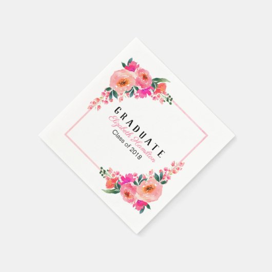 Bright Pink Botanical Floral Graduation Party Serviette (Ecke)