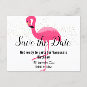 BRIGHT PINK FLAMINGO Save the Date weiß Ankündigungspostkarte