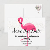 BRIGHT PINK FLAMINGO Save the Date weiß Ankündigungspostkarte (Vorne/Hinten)