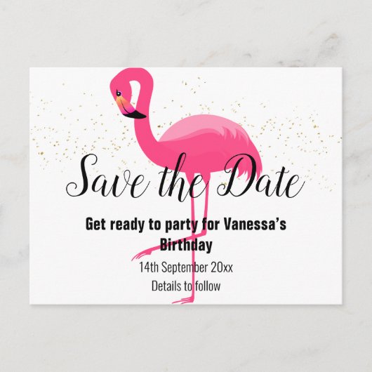 BRIGHT PINK FLAMINGO Save the Date weiß Ankündigungspostkarte (Vorderseite)