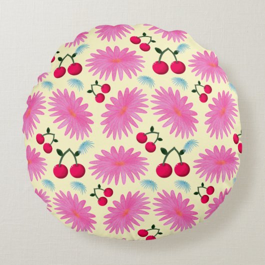 Bright Pink Floral Cherry Pattern | Cute Kawaii  Rundes Kissen (Vorderseite)