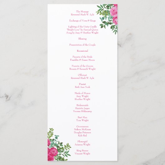 Bright Pink Floral Hochzeitsprogramme Menükarte (Rückseite)