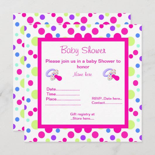 BRIGHT PINK POLKA DOT BABY SHOWER EINLADUNG (Vorne/Hinten)