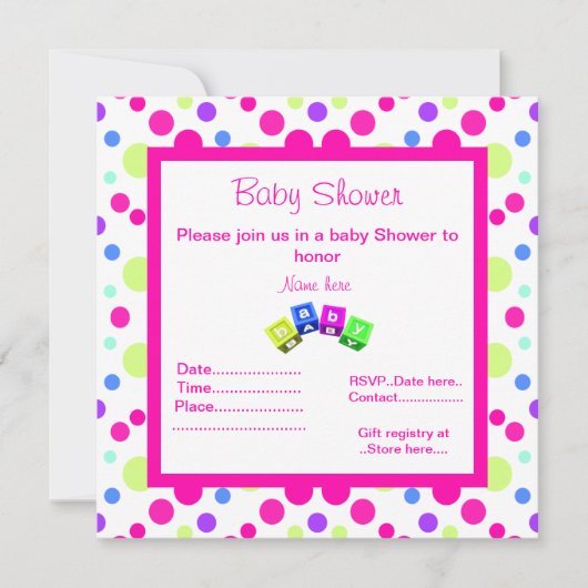 BRIGHT PINK POLKA DOT BLOCKS BABY SHOWER INVITATIO EINLADUNG (Vorderseite)