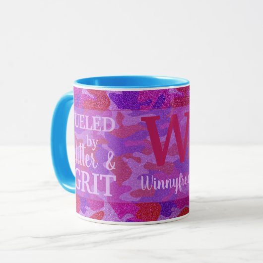 Bright Pink + Purple Camouflage Glitter Camo Name Tasse (Vorderseite Links)