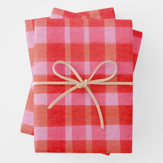 Bright Pink Red Painterly Plaid Christmas Holiday Geschenkpapier Set (Beispiel)