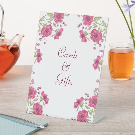Bright Pink Rose Wedding Cards Gift Sign Sockelschild (In Situ)