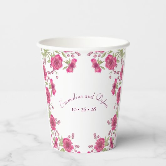 Bright Pink Rose Wedding Pappbecher (Rückseite)