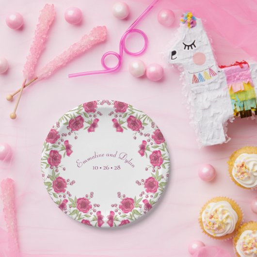 Bright Pink Rose Wedding Pappteller (Party)