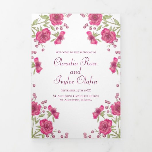 Bright Pink Rose Wedding Programs Dreifach-gefaltete Programmkarte (Cover)