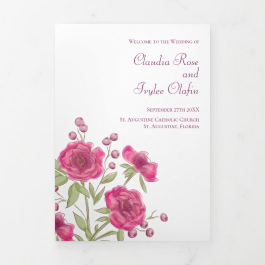 Bright Pink Rose Wedding Programs Dreifach-gefaltete Programmkarte (Cover)