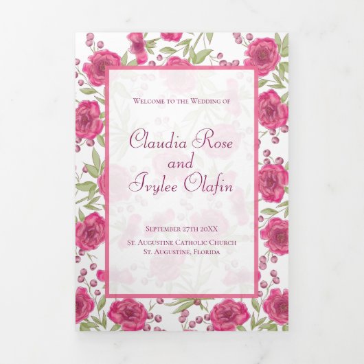 Bright Pink Rose Wedding Programs Dreifach-gefaltete Programmkarte (Cover)