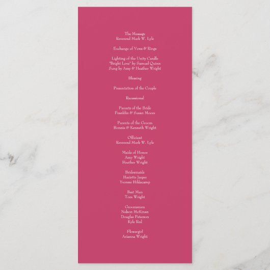 Bright Pink Rose Wedding Programs Menükarte (Rückseite)