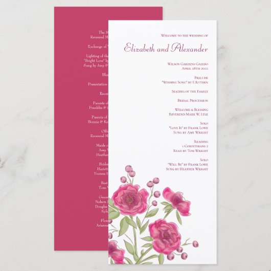 Bright Pink Rose Wedding Programs Menükarte (Vorne/Hinten)
