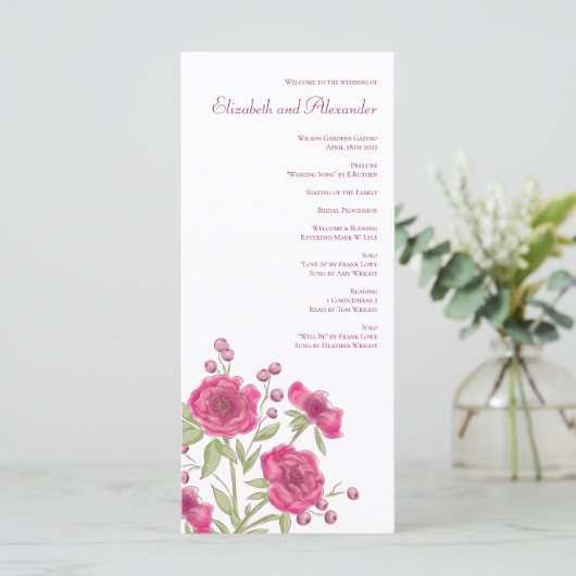 Bright Pink Rose Wedding Programs Menükarte (Stehend Vorderseite)