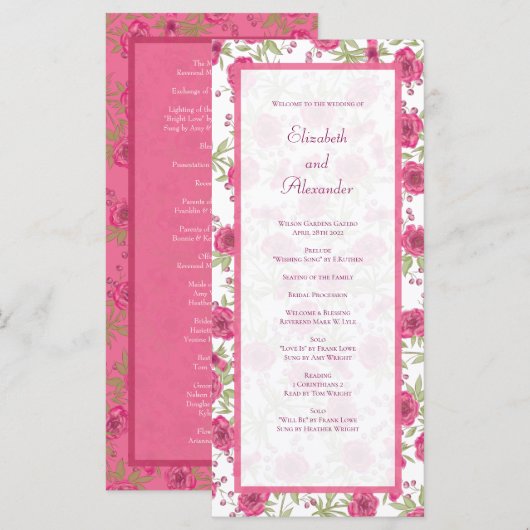 Bright Pink Rose Wedding Programs Menükarte (Vorne/Hinten)