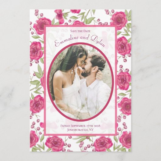 Bright Pink Rose Wedding Save the Date Einladung (Vorderseite)
