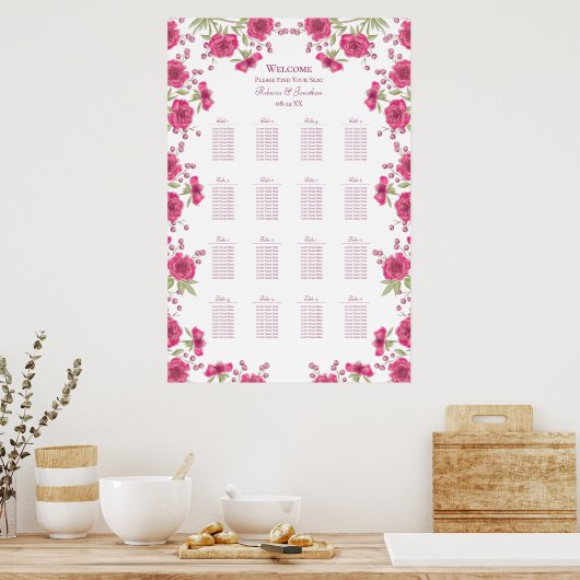 Bright Pink Rose Wedding Seating Chart Poster (Küche)