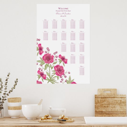 Bright Pink Rose Wedding Seating Chart Poster (Küche)