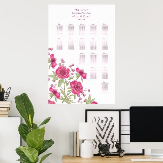 Bright Pink Rose Wedding Seating Chart Poster (Heimbüro)