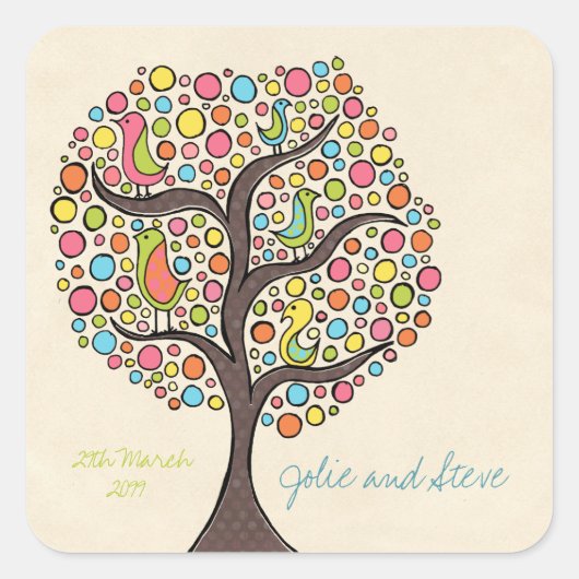 Bright Rainbow Bird Tree Custom Wedding Sticker (Vorderseite)