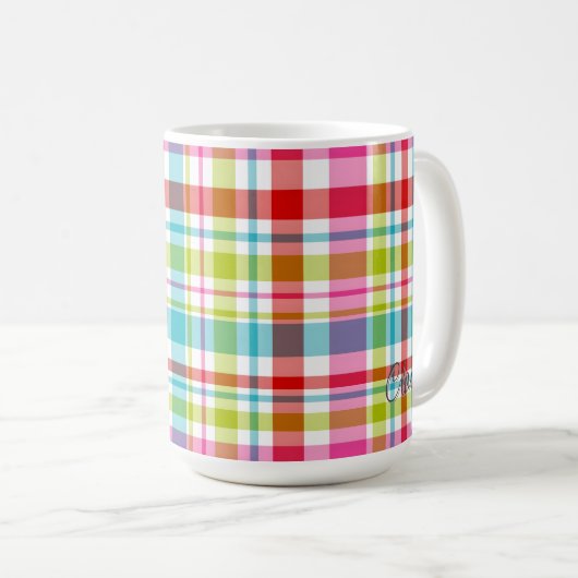 Bright Rainbow Plaid Checkered Pattern Custom Name Kaffeetasse (VorderseiteRechts)