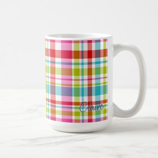 Bright Rainbow Plaid Checkered Pattern Custom Name Kaffeetasse (Rechts)