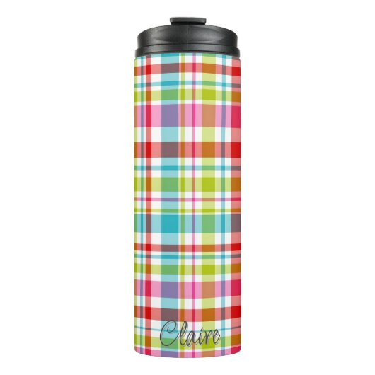 Bright Rainbow Plaid Checkered Pattern Custom Name Thermosbecher (Vorderseite)