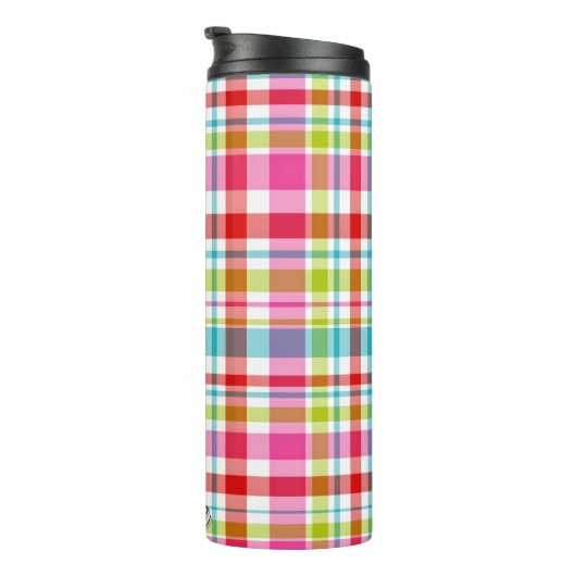 Bright Rainbow Plaid Checkered Pattern Custom Name Thermosbecher (Nach rechts gedreht)